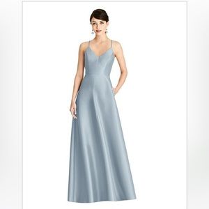 Alfred Sung Vneck Full Skirt Satin Maxi Bridesmaid Dress Mist